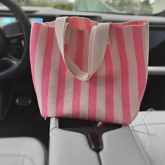 Pink Women's Fashion Striped Contrast Color Tote Bag - Picture 3 of 6